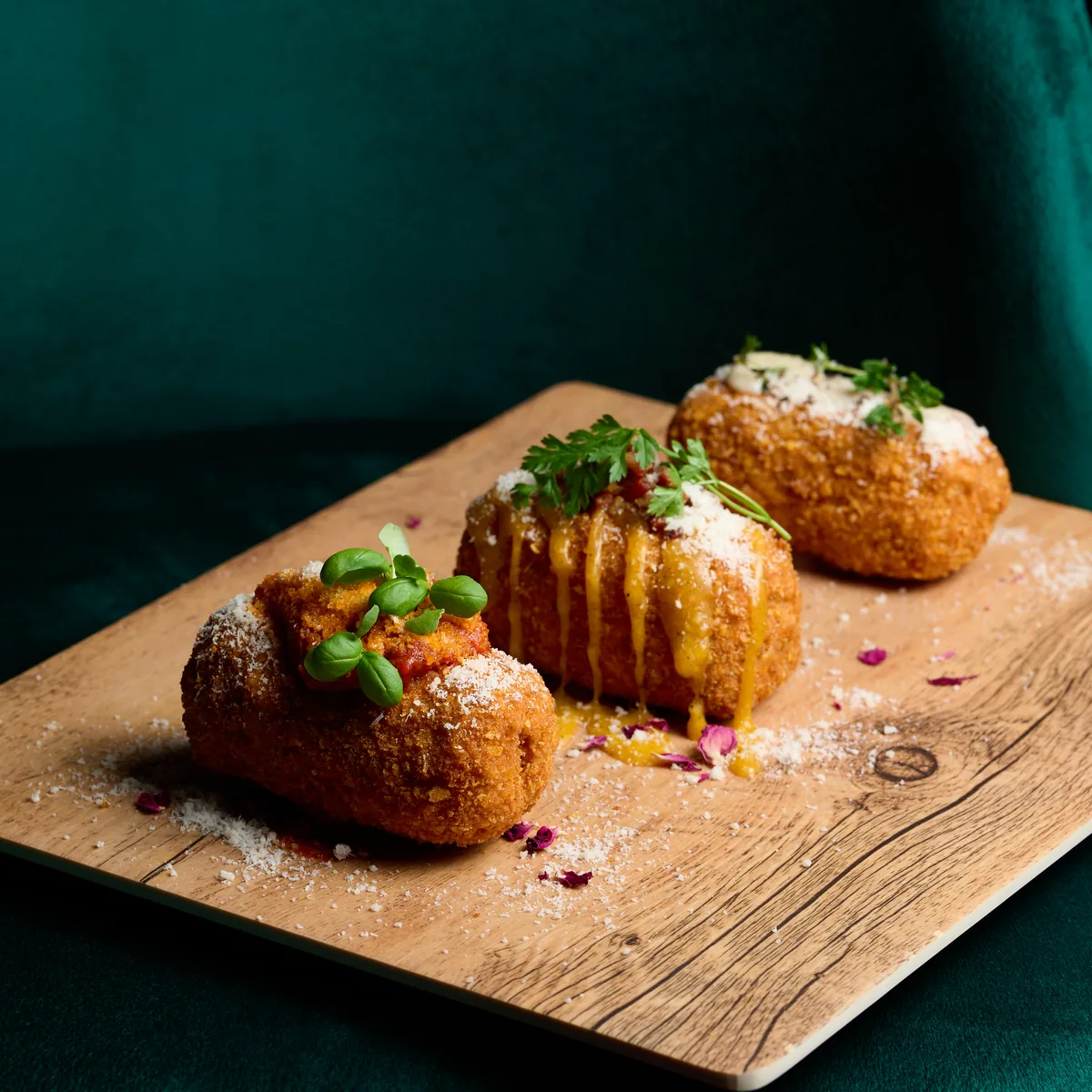 Croquetas romanas con queso rallado y albahaca